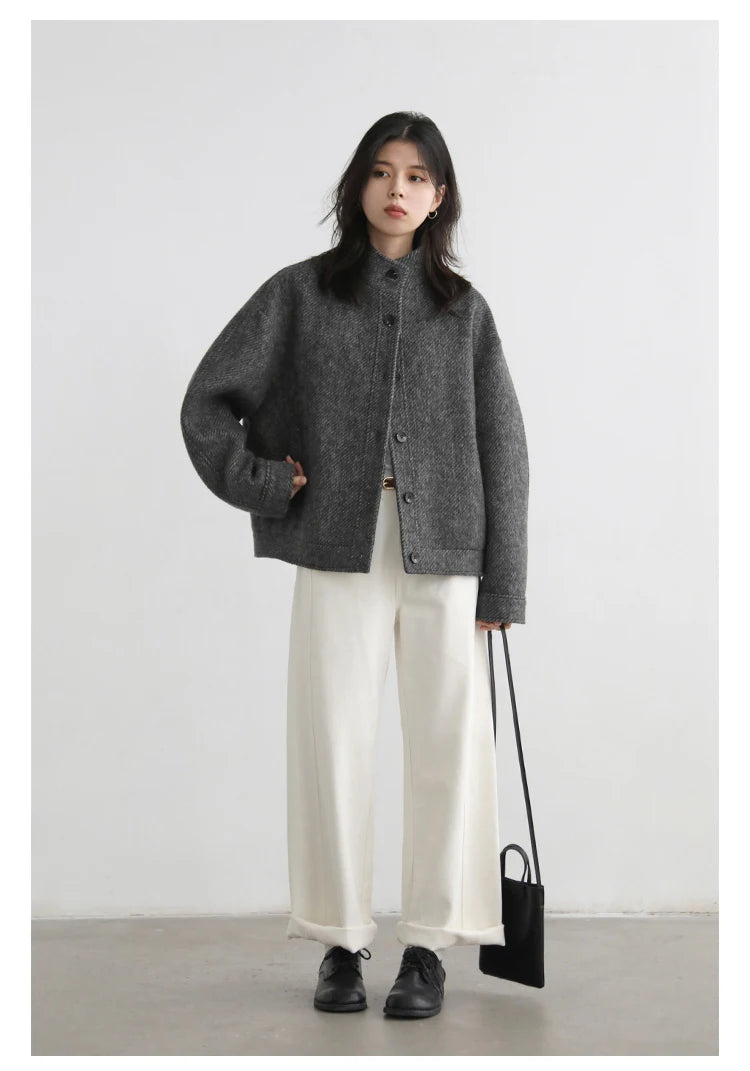 CHIC VEN Women Short Woolen Coat New Stand Up Twill Texture Single Breasted Ladies Jacket Retro Woman Outwear Autumn Winter 2025