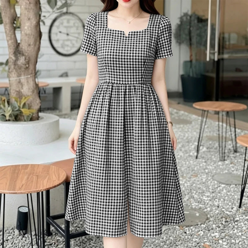 Women Summer Plaid Dress 2026 ZANZEA Elegant Square Neck Short Sleeve Midi Dresses Casual Work Vestidos Stylish Holiday Sundress