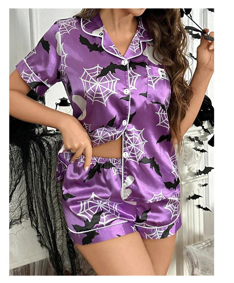 Women's Heart-shaped Print Satin Pajama Pj Set Soft & Comfortable Short Sleeve Buttons Lapel Tops & Shorts Sleepwear Loungewear