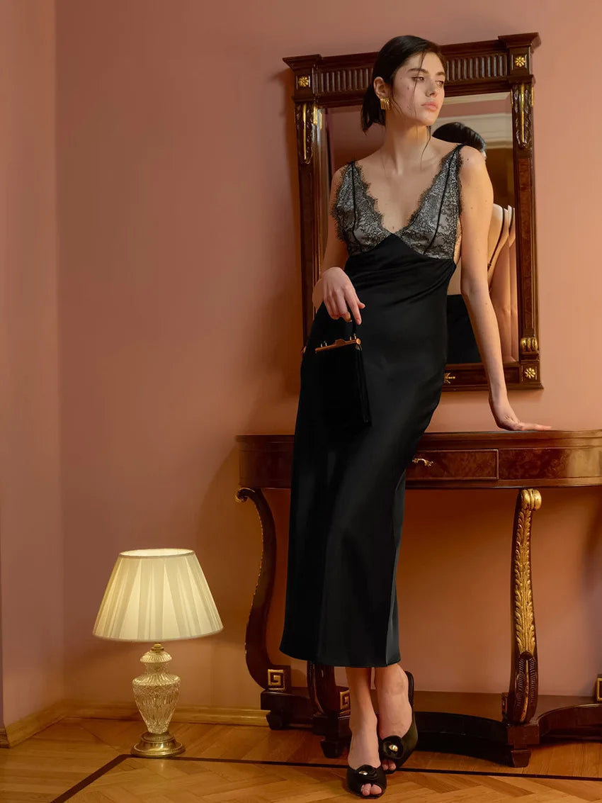Tossy Lace V-Neck Printed Long Dress Women's Patchwork High Waist Slim Backless Summer 2026 New Dress Female Party Dress Gown
