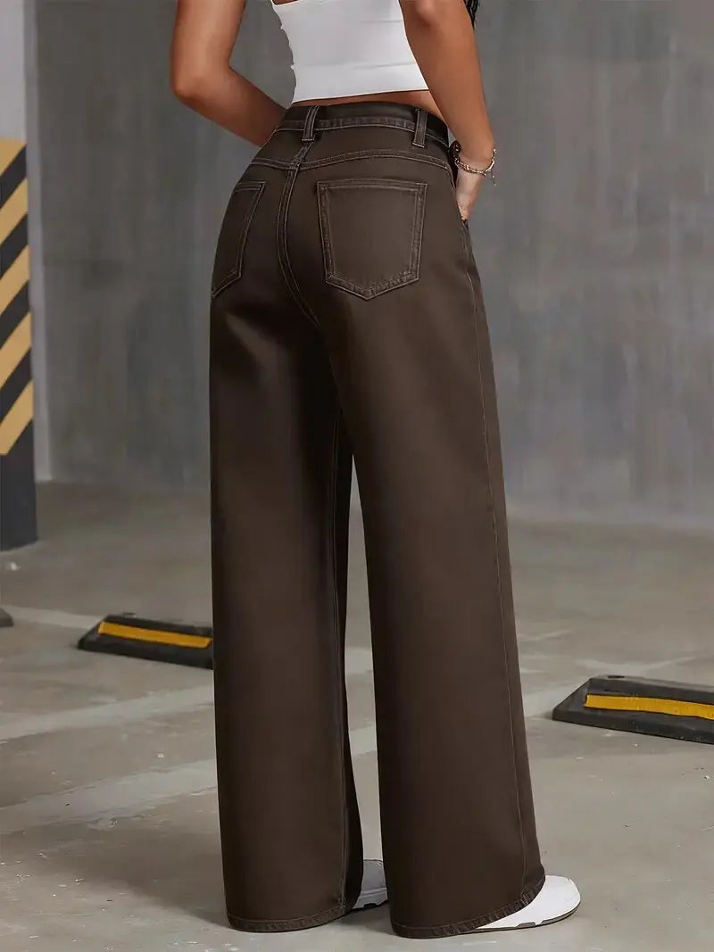 Women's Coffee Brown Wide Leg Jeans High Waisted Super Stretchy Loose Fit Denim Trousers Streetwear