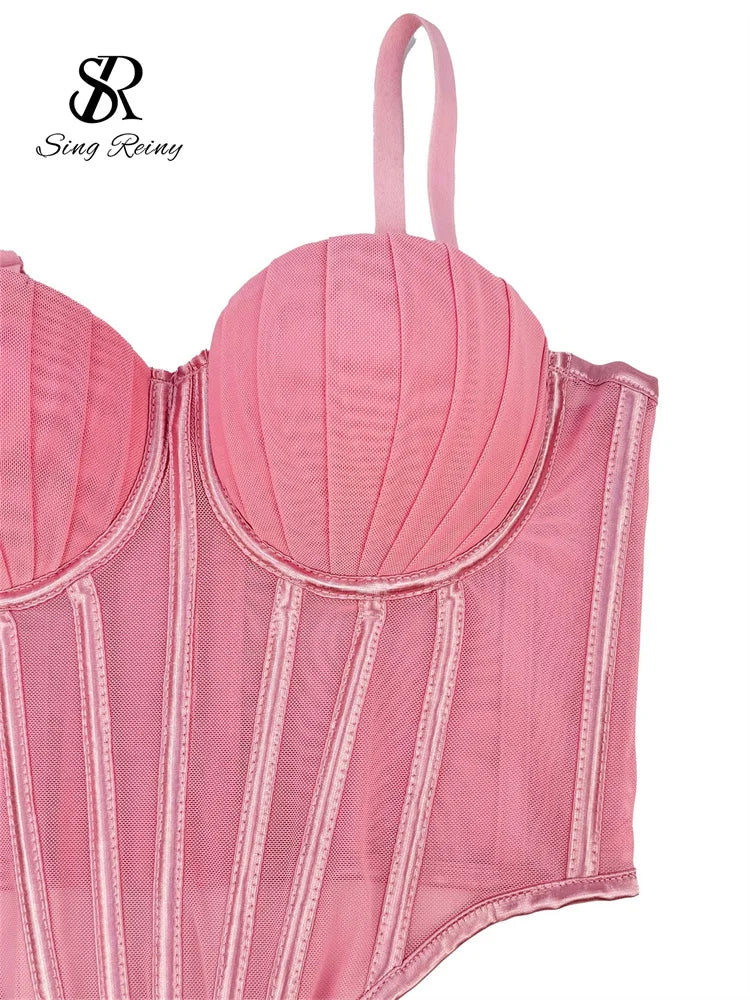 SINGREINY Fashion Solid Corset Lingerie Top Ladies Strap Sheer Mesh Slim Camisole American Retro Backless Beach Sexy Tank Top