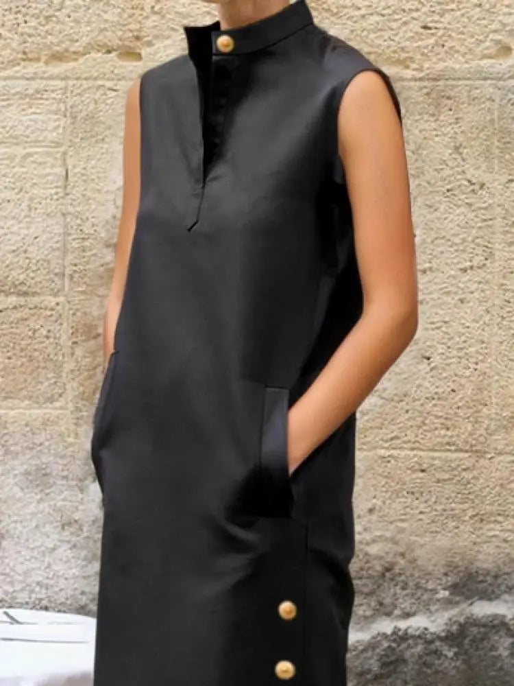 UOOZEE Female Vintage Solid Color Split-Side Stand Collar Party Evening Dresses 2025 New Summer Buttoned Casual Shirts Dress