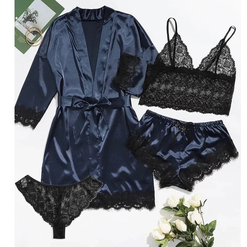 Women's Sexy Pajamas Nightgowns Lingerie Shorts 4-piece Lace Camisole Pajama Set Home Robe Nightgowns Leisure wear