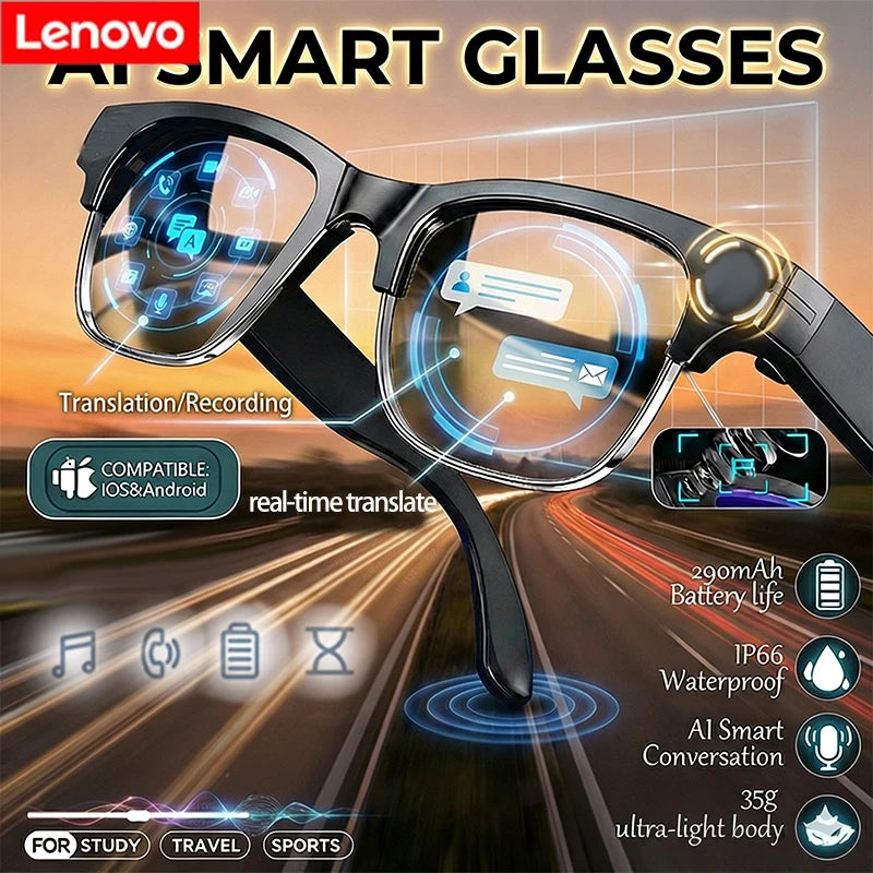 Lenovo Bluetooth Smart Glasses with Audio Mic AI Calling Real-time Translation Voice Assistant Smart Sunglasses for Men Women