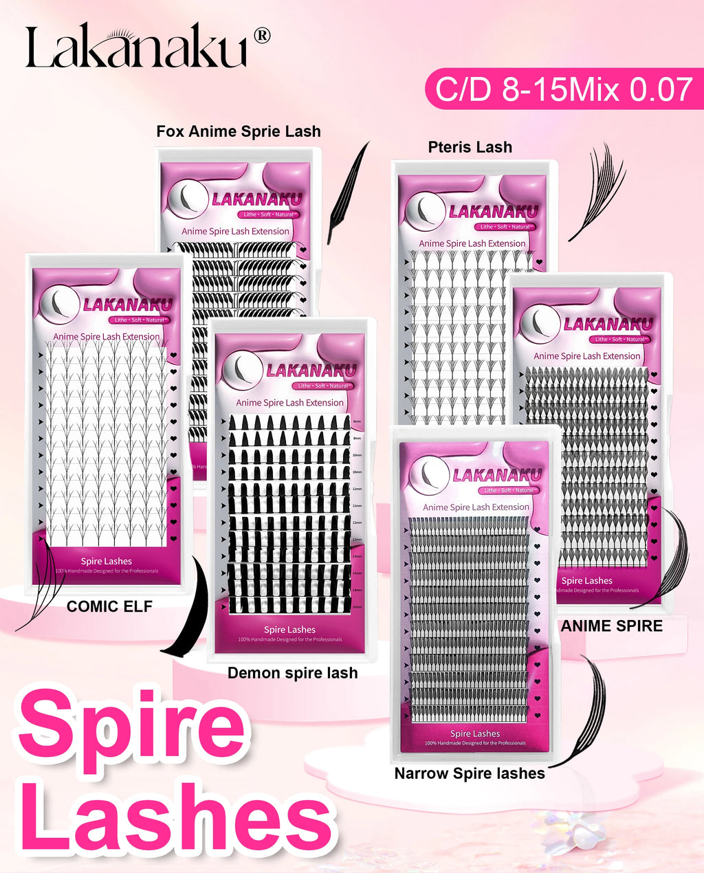 LAKANAKU Narrow Spire Eyelashes Extension Anime Lashes Spire Clusters Manga Style Feather Lightweight Premade Fans Extension