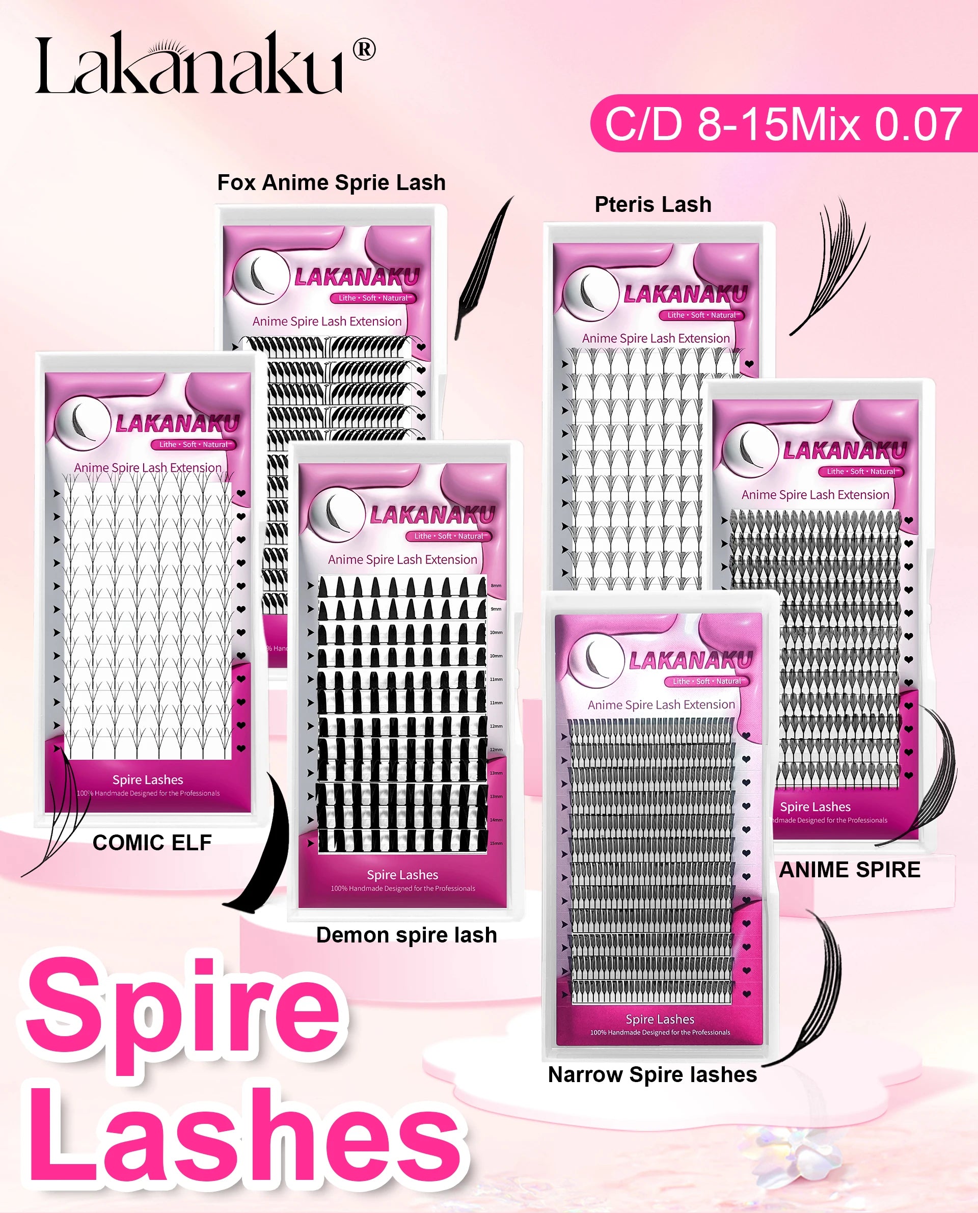 LAKANAKU Narrow Spire Eyelashes Extension Anime Lashes Spire Clusters Manga Style Feather Lightweight Premade Fans Extension