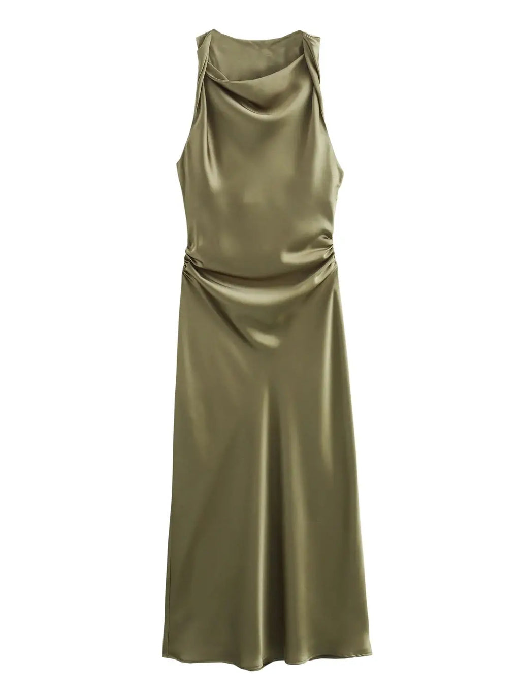 XNWMNZ 2024 Women's Fashion Satin Midi Dress Women High Street O Neck twisted armholes Waist Gathered Fit female Midi Dresses