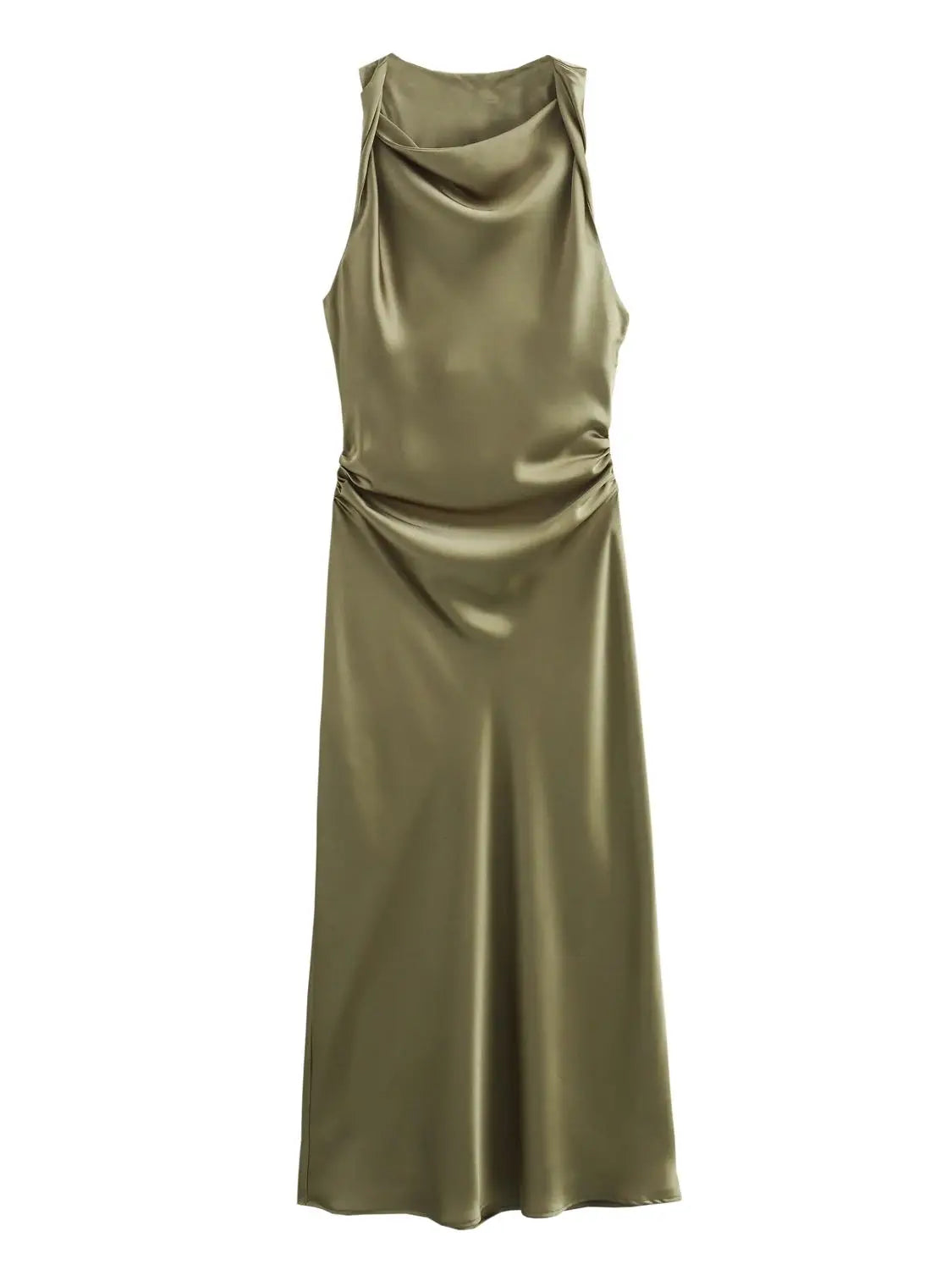 XNWMNZ 2024 Women's Fashion Satin Midi Dress Women High Street O Neck twisted armholes Waist Gathered Fit female Midi Dresses