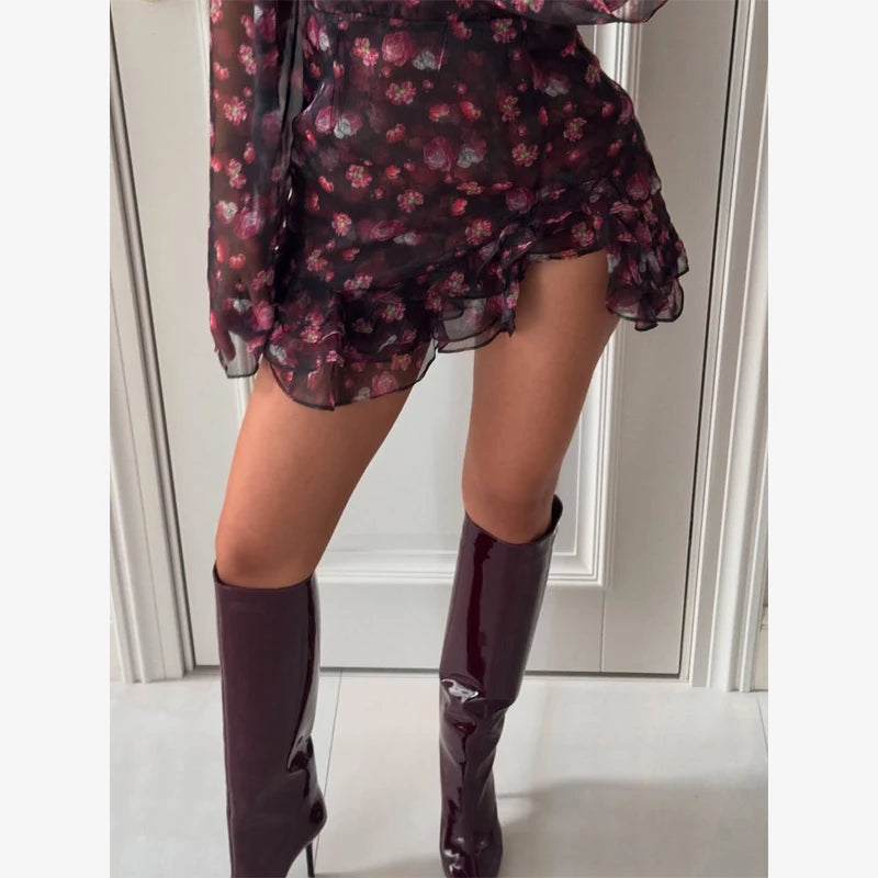 Flora Painted Ruffle Mini Dress Women Elegant Full Sleeve Deep V-neck Slim A-line Dresses 2026 Lady Holiday Street Outwears New