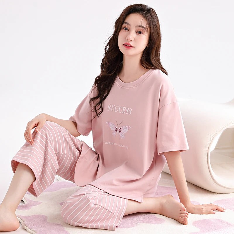 Newest Summer Casual Pajamas Set Women 100% Cotton Sleepwear Female Short Top+Calf-Length Pant Pyjamas