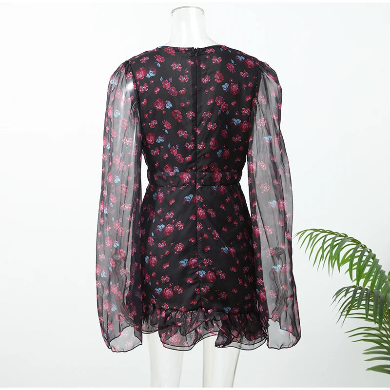 Elegant Flora Painted Ruffle Mini Dress Women Chic Full Sleeve Deep V-neck Slim A-line Dresses 2026 Lady Holiday Street Robe New