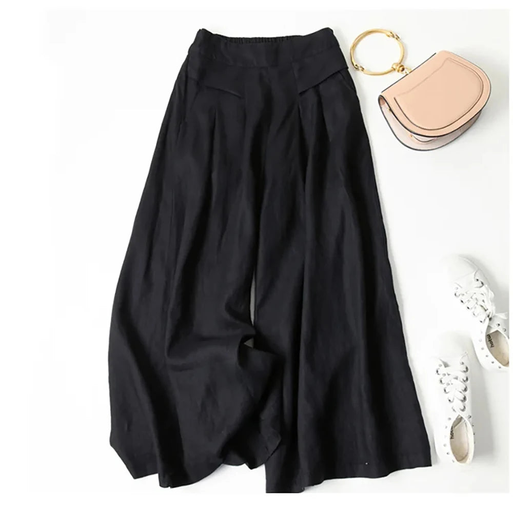 2026 Summer Women's Culottes Cotton Linen Cropped Wide Leg Pants Elastic Waist Casual Palazzo Trousers with Pockets