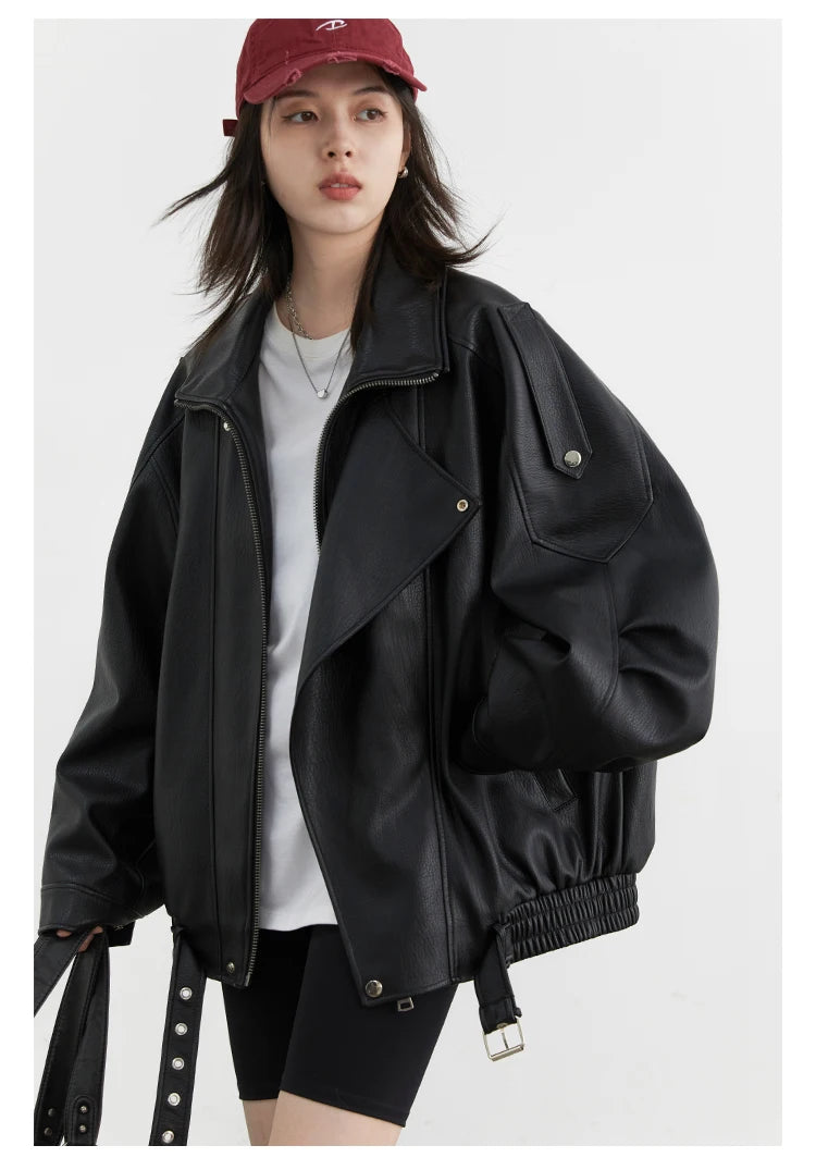 CHIC VEN Woman PU Jacket Solid Loose New Retro Standing Collar Motorcycle Faux Leather Coat Female Top Spring Autumn 2026