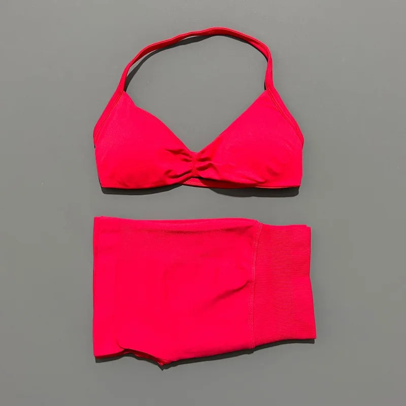 2 Piece Sport Set Women Seamless Yoga Tank Bra High Waist Scrunch Bum Gym Shorts Sets Fitness Running Workout Suit