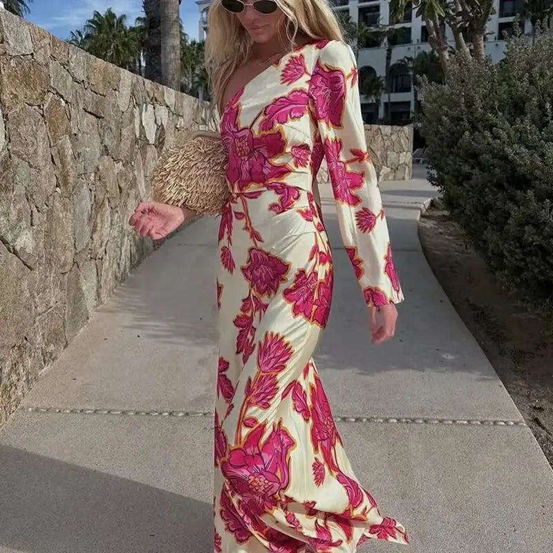 Fashion Satin Printing Sloping Shoulders Dresses Spring Women Single Shoulder Sleeves Dress Autumn High Waist Hip Hugging Dress