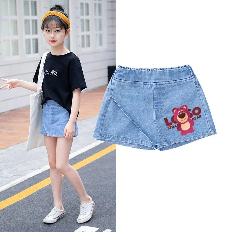 Kids Clothes Elastic Waist Fake Skirt Denim Shorts Jeans for Girls 3-12 Years -Minnie Kuromi Strawberry Bear Printed‌ Fake Skirt