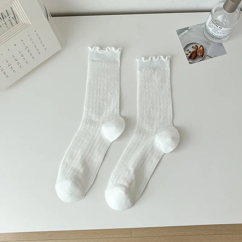 5/10 Pairs Women Solid Color Mesh Mid Tube Socks Summer Lightweight Breathable Fashionable Wavy Edge Ballet Style Casual Socks