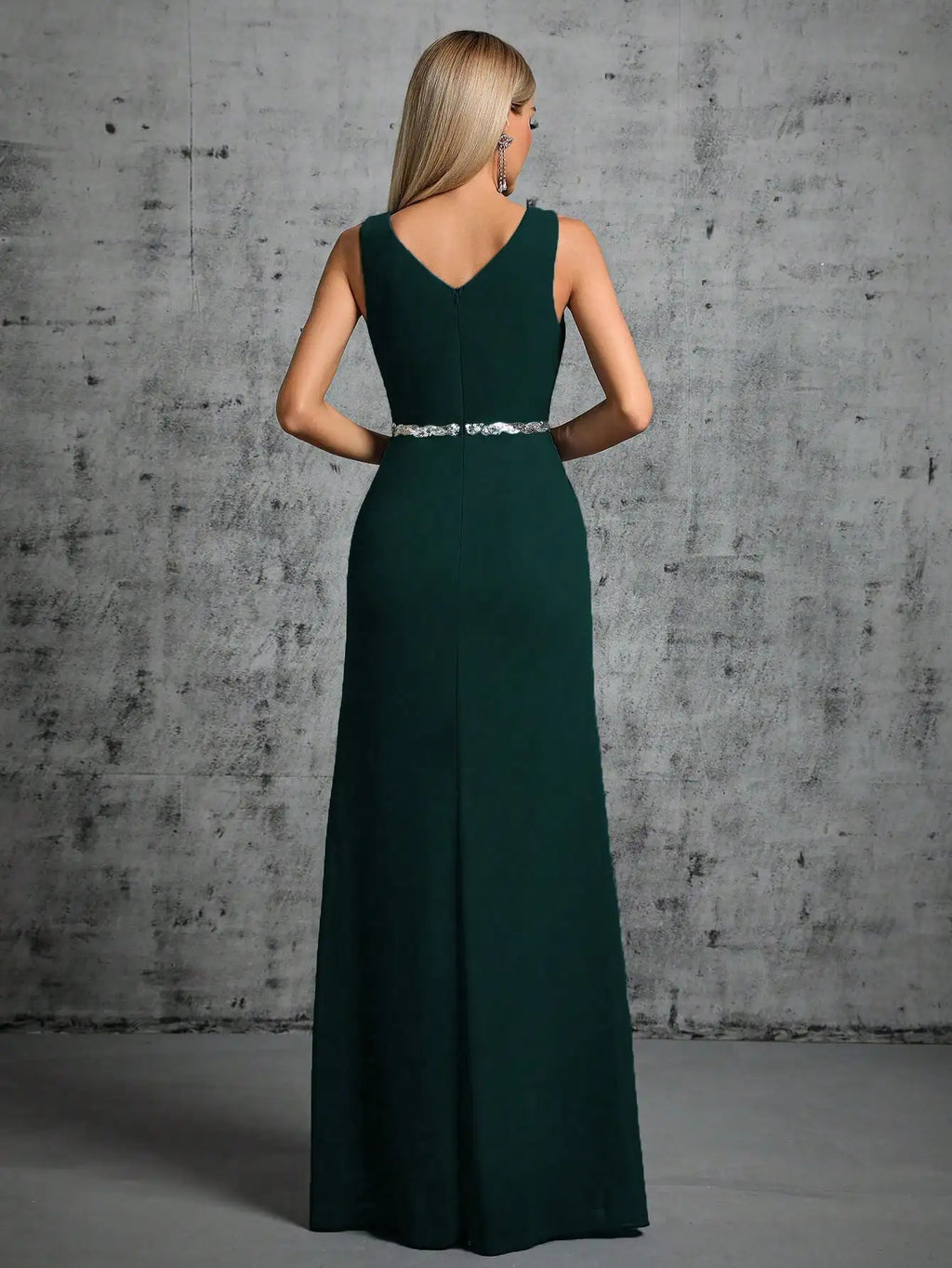 Mgiacy Shoulder deep V-neck silver sequin belt pleated chiffon slit skirt Evening gown Ball dress Party dress Bridesmaid dress