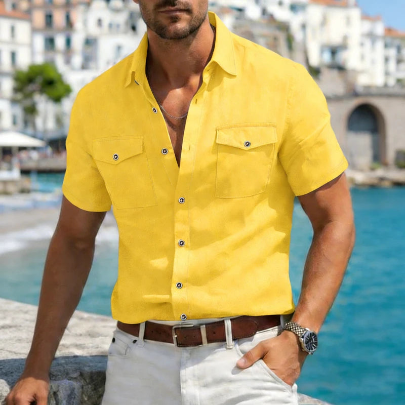 Men's Linen Casual Short Sleeve Shirt Lapel Collar Button Lightweight Breathable Summer Daily Beach Vacation Work Shirt for Men