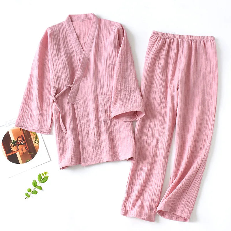 2026 Japanese Kimono Set 100%Cotton Pajamas Two-piece Couple Yukata Loose Men's And Women's Sweat Steaming Suit Home Service Set