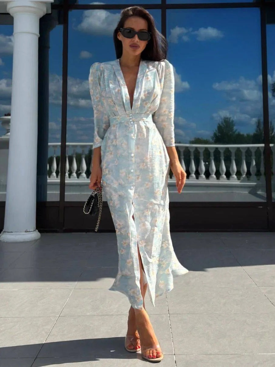 Fashion Organza Floral Printed Maxi Dress V-Neck Puff Sleeve 2026 Spring/Summer Romantic Women Party Gown Elegant Lady Vestido