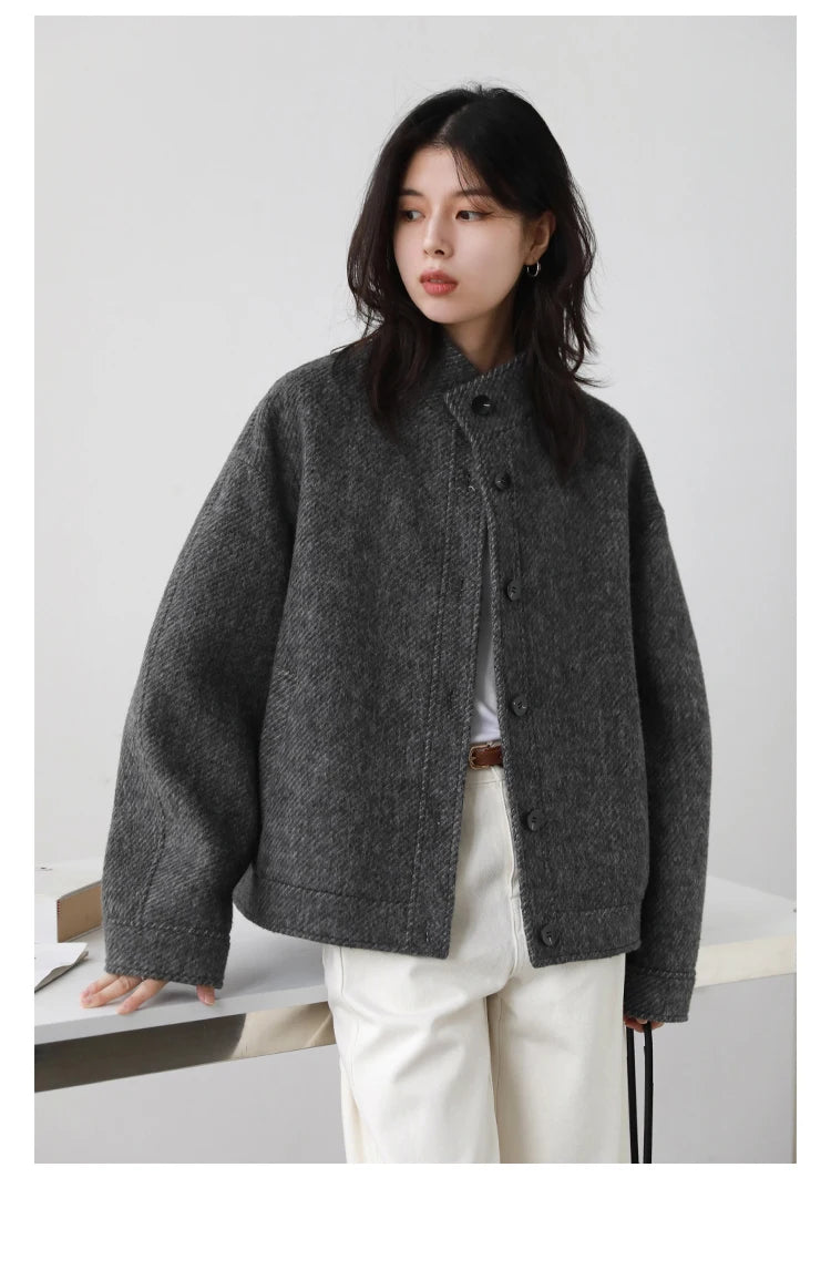 CHIC VEN Women Short Woolen Coat New Stand Up Twill Texture Single Breasted Ladies Jacket Retro Woman Outwear Autumn Winter 2025