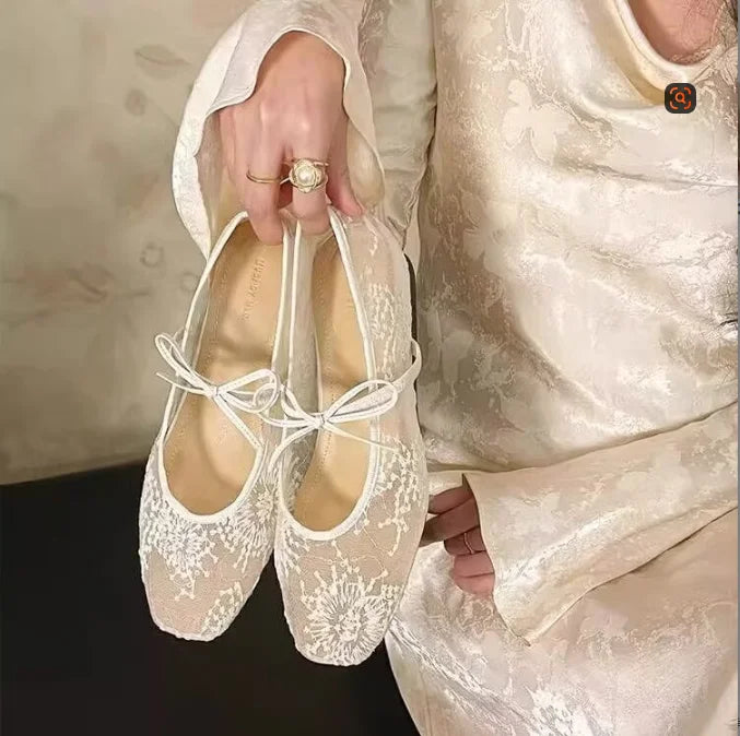 2026 Women's Lace Mesh Mary Jane Shoes Fashion Square Toe Bowknot Flats Soft Sole Comfortable Slip-On Retro Elegant Date Shoes