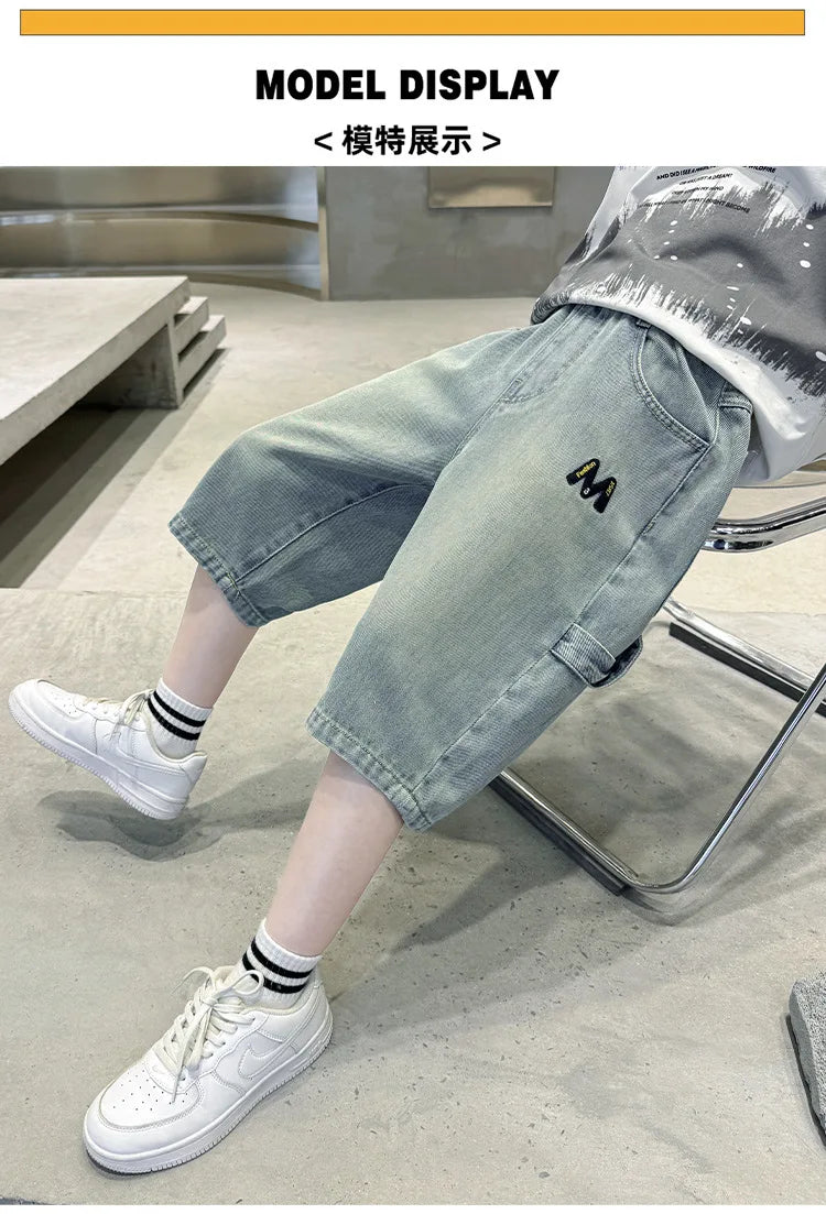 New Summer Teen Boys Shorts Jeans Fashion Letter M Embroidery Short Denim Pants For 4-14 Years Kids Children Trousers