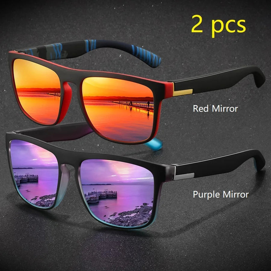 2 Pieces Fashion Vintage Square Sports Sunglasses Men Women Driving Fishing Brand Designer Sun Glasses Retro Man Eyewear UV400