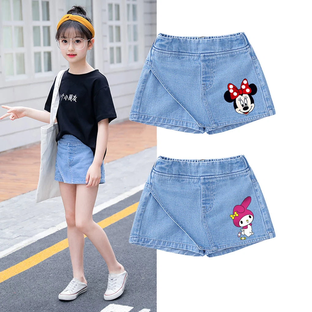 Kids Clothes Elastic Waist Fake Skirt Denim Shorts Jeans for Girls 3-12 Years -Minnie Kuromi Strawberry Bear Printed‌ Fake Skirt