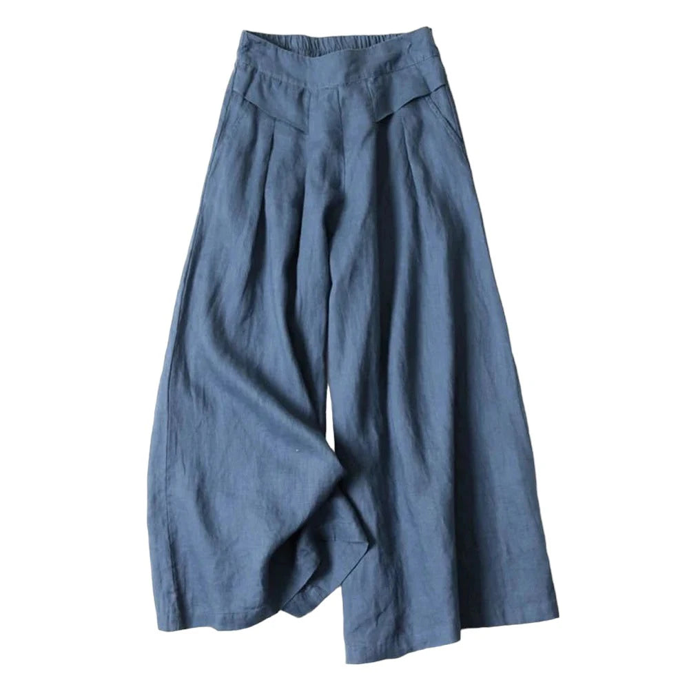 2026 Summer Women's Culottes Cotton Linen Cropped Wide Leg Pants Elastic Waist Casual Palazzo Trousers with Pockets