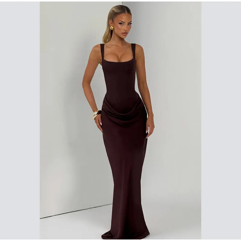 Women's Red Pleated Sling Maxi Dress Square Neck Sleeveless Off-shoulder Waist Cinching Slim Dresses Fashion Evening Party Gowns