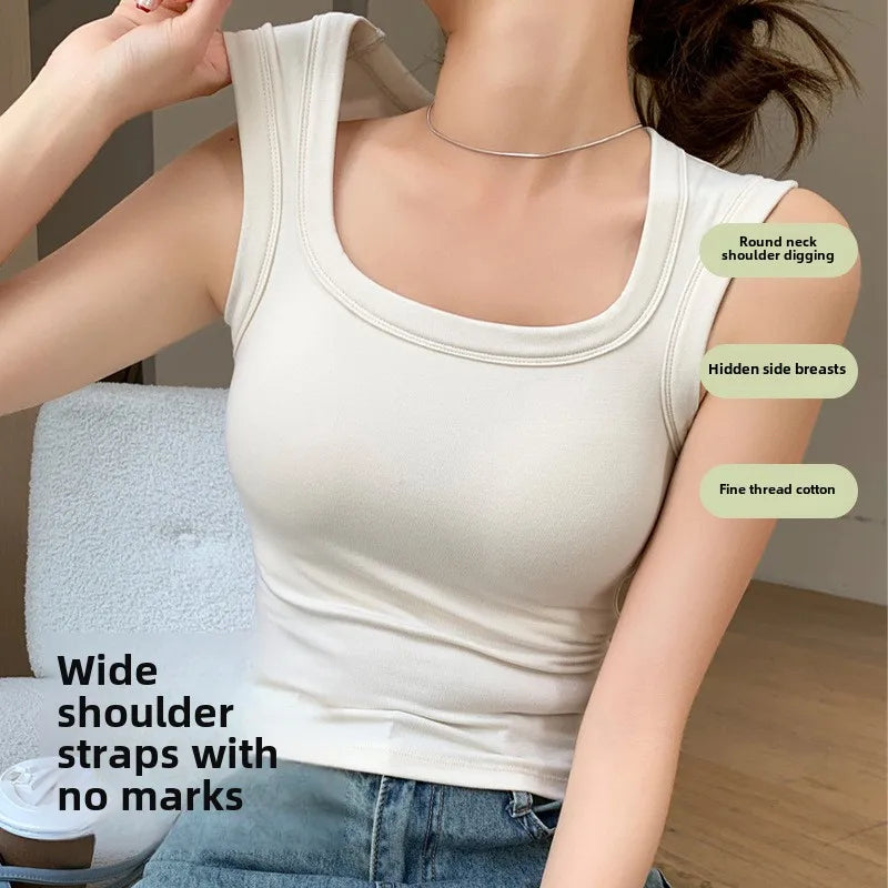 2026 New Wide Shoulder Strap Women's Vest with Chest Pad Summer All-match I-shaped Vest Slim Fit Base Top Fashion Outer Wear