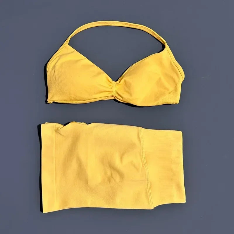 2 Piece Sport Set Women Seamless Yoga Tank Bra High Waist Scrunch Bum Gym Shorts Sets Fitness Running Workout Suit