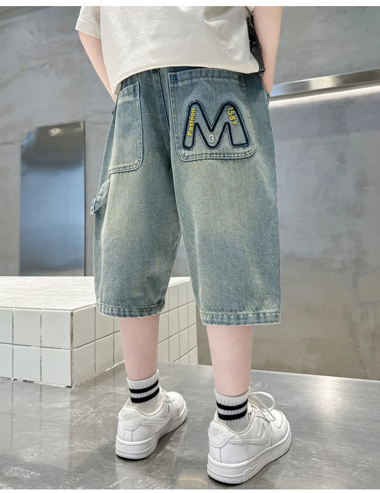New Summer Teen Boys Shorts Jeans Fashion Letter M Embroidery Short Denim Pants For 4-14 Years Kids Children Trousers