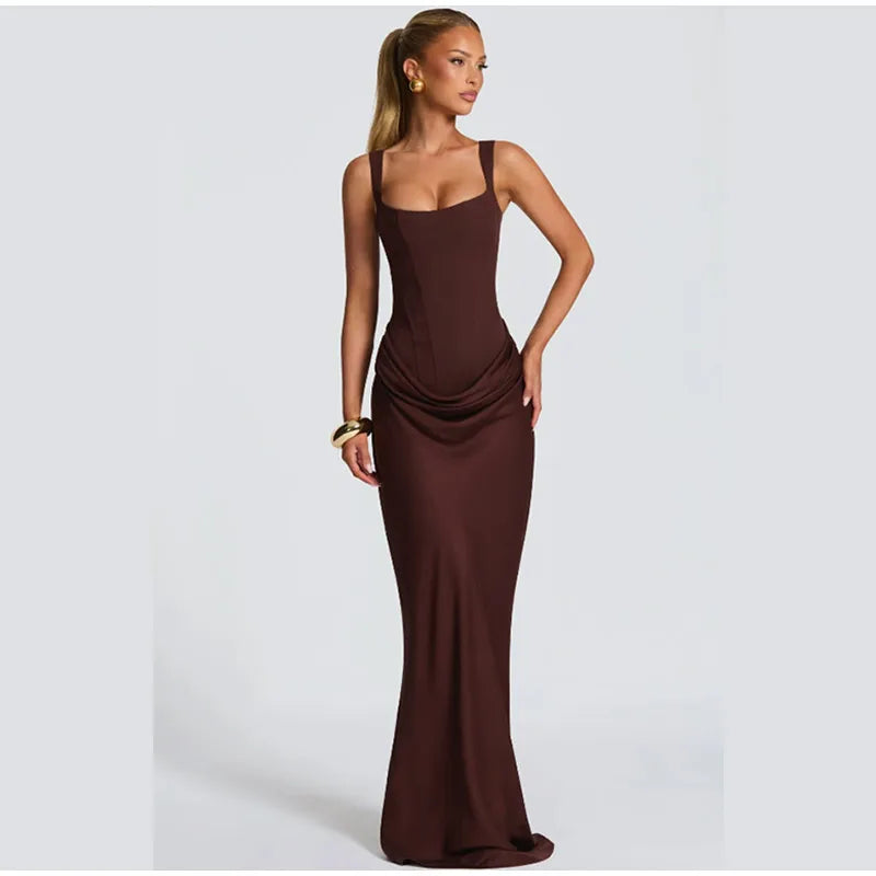 Women's Red Pleated Sling Maxi Dress Square Neck Sleeveless Off-shoulder Waist Cinching Slim Dresses Fashion Evening Party Gowns