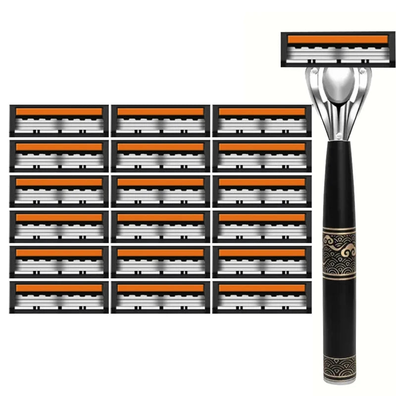 Men's 3-Blade Manual Razor with Non-Slip Handle and Multiple Replacement Blades - Ideal for Trimming Beards and Mustaches