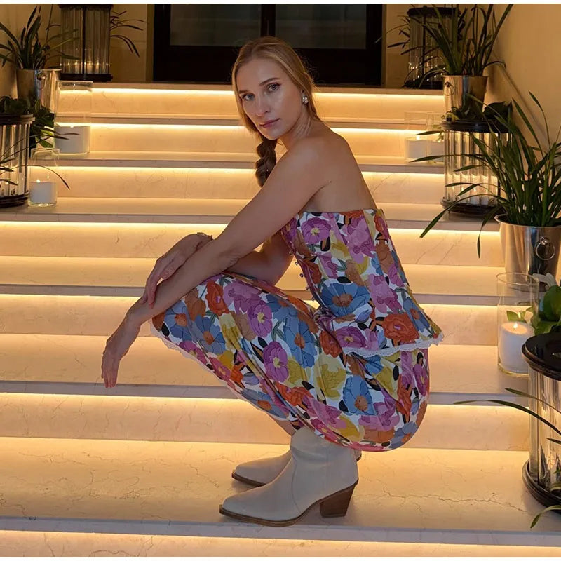 Tropical Floral Print Strapless Corset Top & Mermaid Midi Skirt 2-Piece Set 2026 Summer Chic Bold Women Vacation Date Vestido