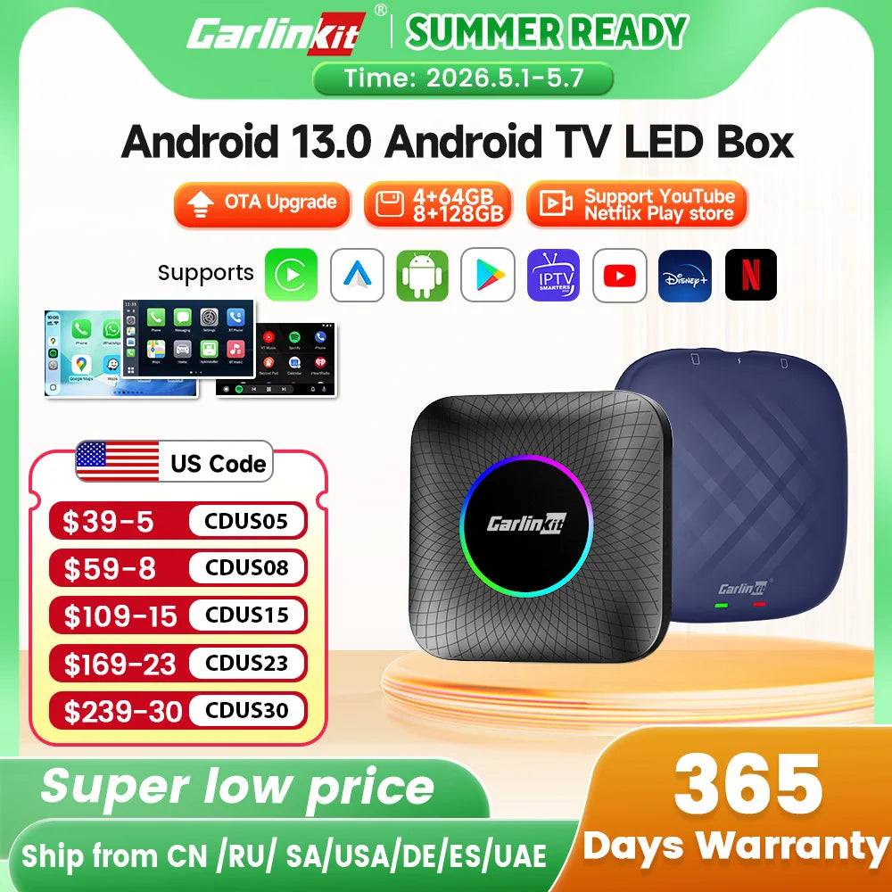 Carlinkit Ai Box Android 13 Led Wireless Android Auto & CarPlay Smart Tv Box QCM6225 Support Youtube Netflix Car Accessories