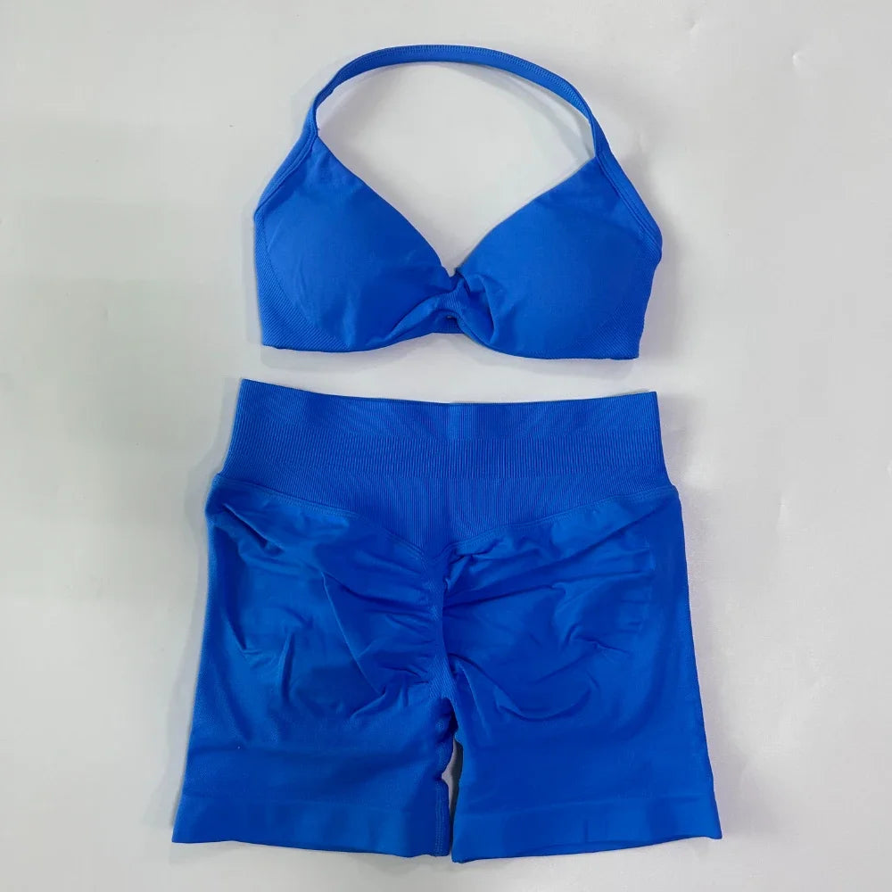 NO LOGO 2PCS Gym Set Women Strappy Yoga Bra Top High Waist Workout Scrunch Shorts Sports Suit Seamless Yoga Set Fitness Clothes