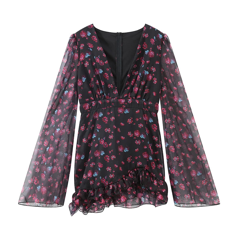 Elegant Flora Painted Ruffle Mini Dress Women Chic Full Sleeve Deep V-neck Slim A-line Dresses 2026 Lady Holiday Street Robe New