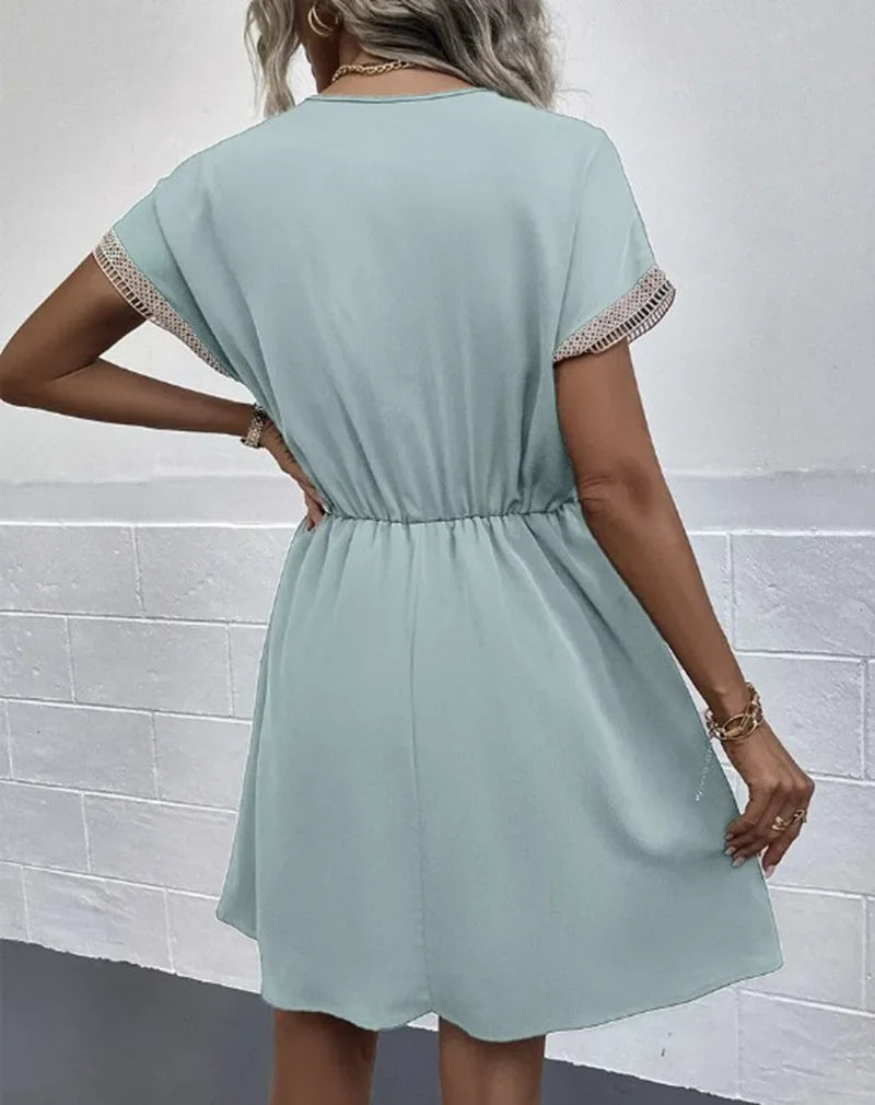 Summer Solid Short Sleeve Lace V Neck Waistband Female Beach Midi Short Dress Elegant Women's Sweet White Solid Color Dresses