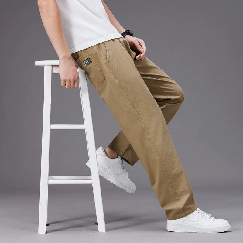 Big Size Casual Pants Men Elastic Waist Straight Leg Fit Summer Trousers Male Loose Cotton Work Wear Plus Large 6XL Khaki Light