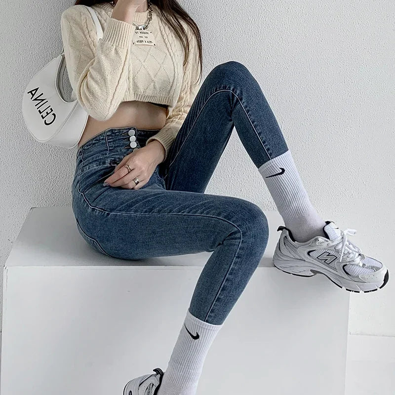 Skinny Pencil Y2K Jeans Four Buttons Vintage High Waist Women Slim Stretch Denim Pants Tight Trousers 2025 Women's Denim Pants