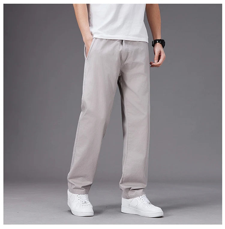 Big Size Casual Pants Men Elastic Waist Straight Leg Fit Summer Trousers Male Loose Cotton Work Wear Plus Large 6XL Khaki Light