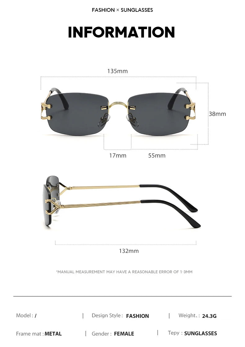 New Small Narrow Rimless Sunglasses Fashion Frameless Rectangle Tinted Lens Eyewear 90s Glasses for Women Men