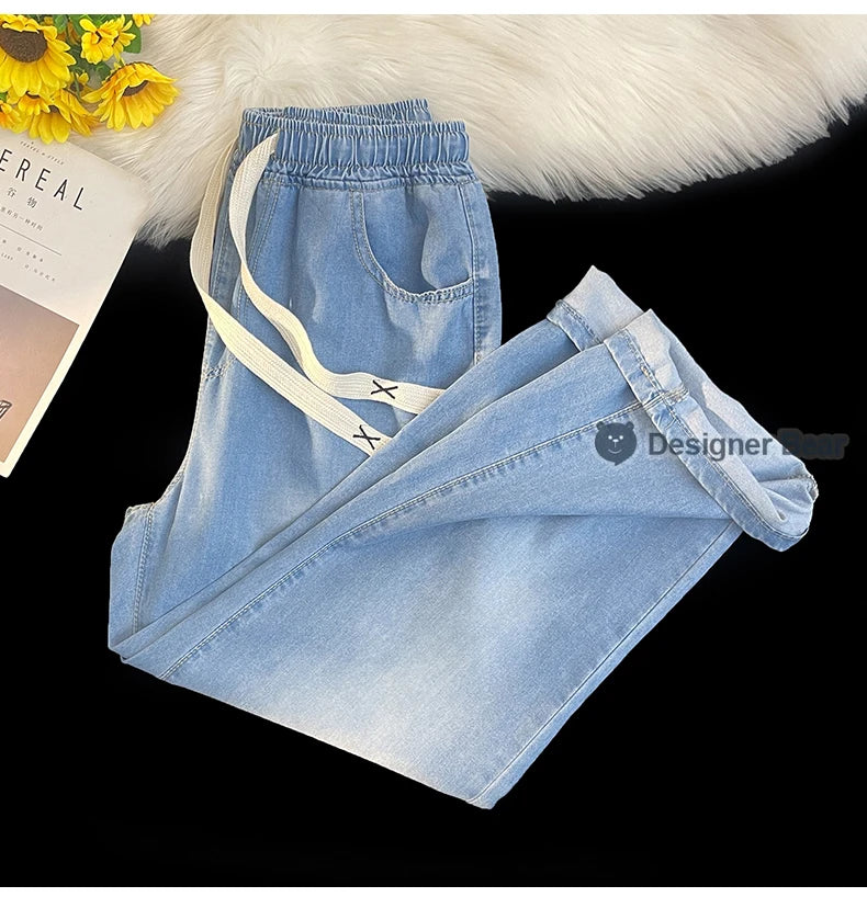 2026 New Spring Summer Men's Baggy Jeans Lyocell Fabric Wide Leg Pants Drawstring Trousers Male City Boy Plus Size S-4 5XL Y2K