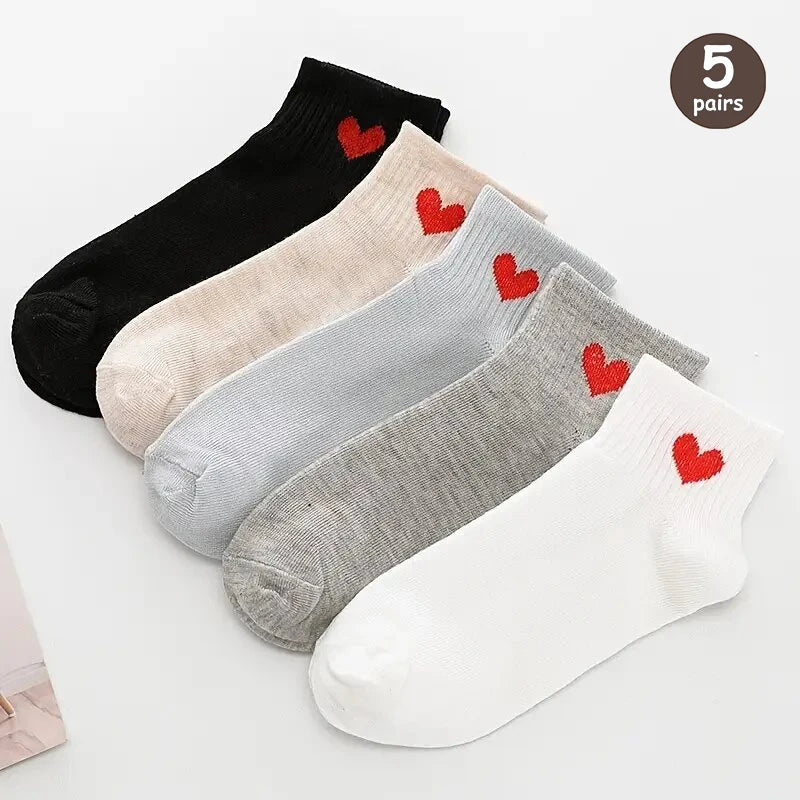 5 Pairs Women Cartoon Patterned Socks Trendy Versatile Breathable Sweat Wicking Deodorizing Antibacterial Comfortable Socks