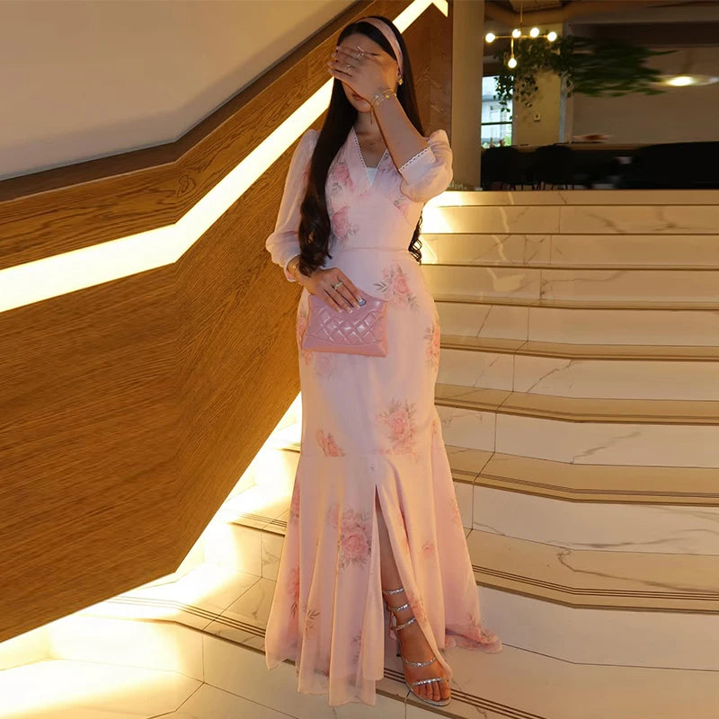 Elegant Print Women Long Dress Fashion Trumpet Pleated Short Puff Sleeve V-neck Female Dresses 2026 Summer Beach Lady Robe New